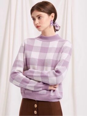 Petite Studio NYC 100% Wool Cathleen Lavender Check Plaid Knit Sweater SMALL